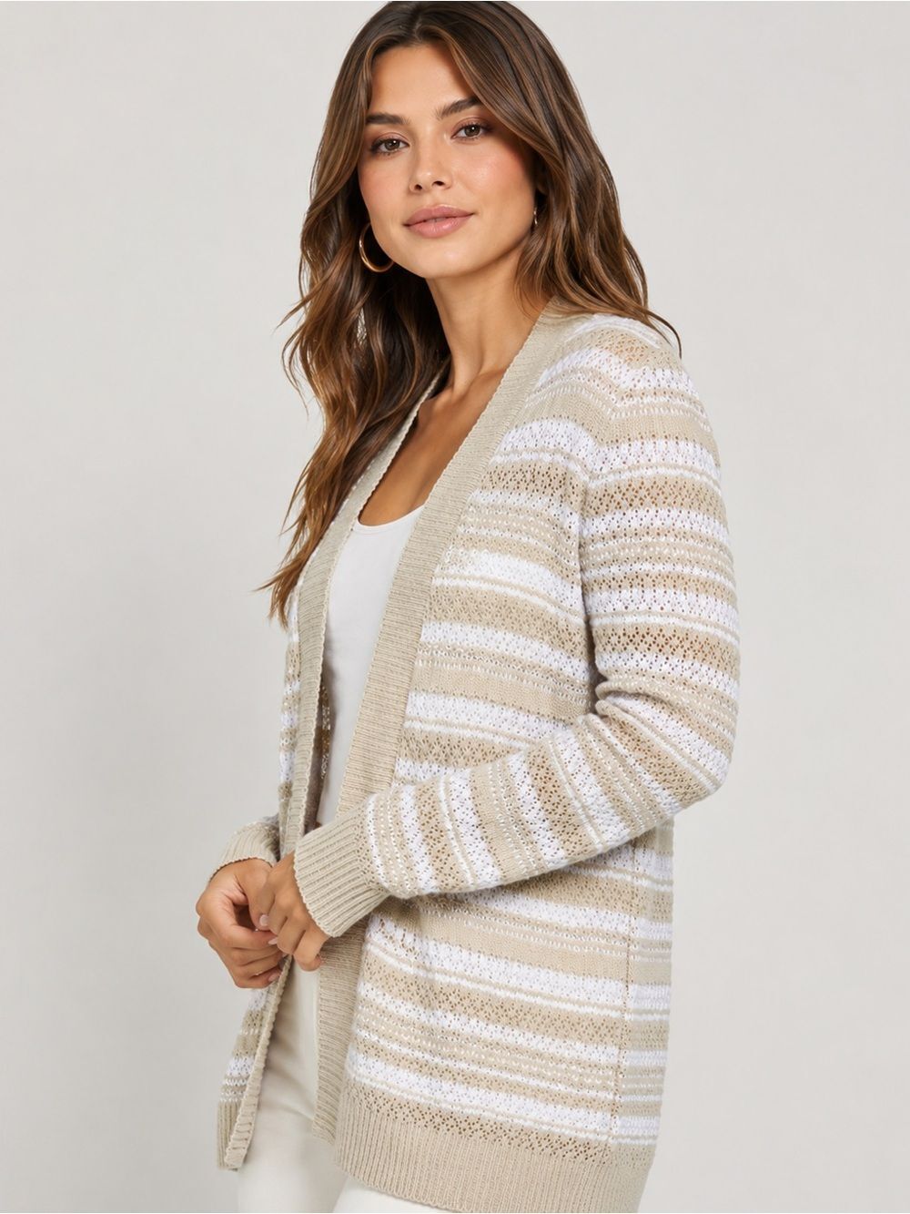 Jones New York Textured Stripe Open Front Cardigan Natural Stone Tan White S NEW - Picture 2 of 15